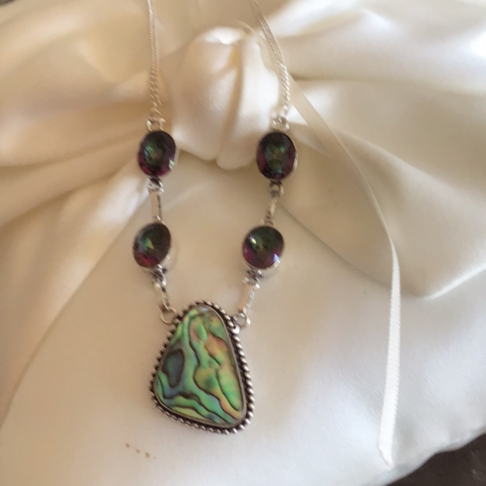 Sterling Silver Mystic Fire Topaz and Abalone Pearl Necklace Choker - Picture 11 of 11